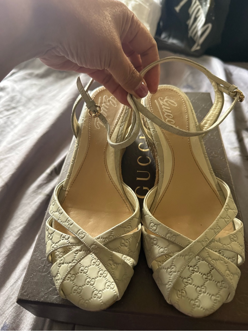 Gucci Embossed Leather Ankle-Strap Heels sandals espadrilles